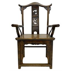 Chinese design elm yoke back 'official's' armchair, the shaped cresting rail over splat decorated with carved and pierced wildlife scenes, shaped projecting arms over rectangular seat, square supports united by plain stretchers, decorated with shaped frame brackets carved with foliage