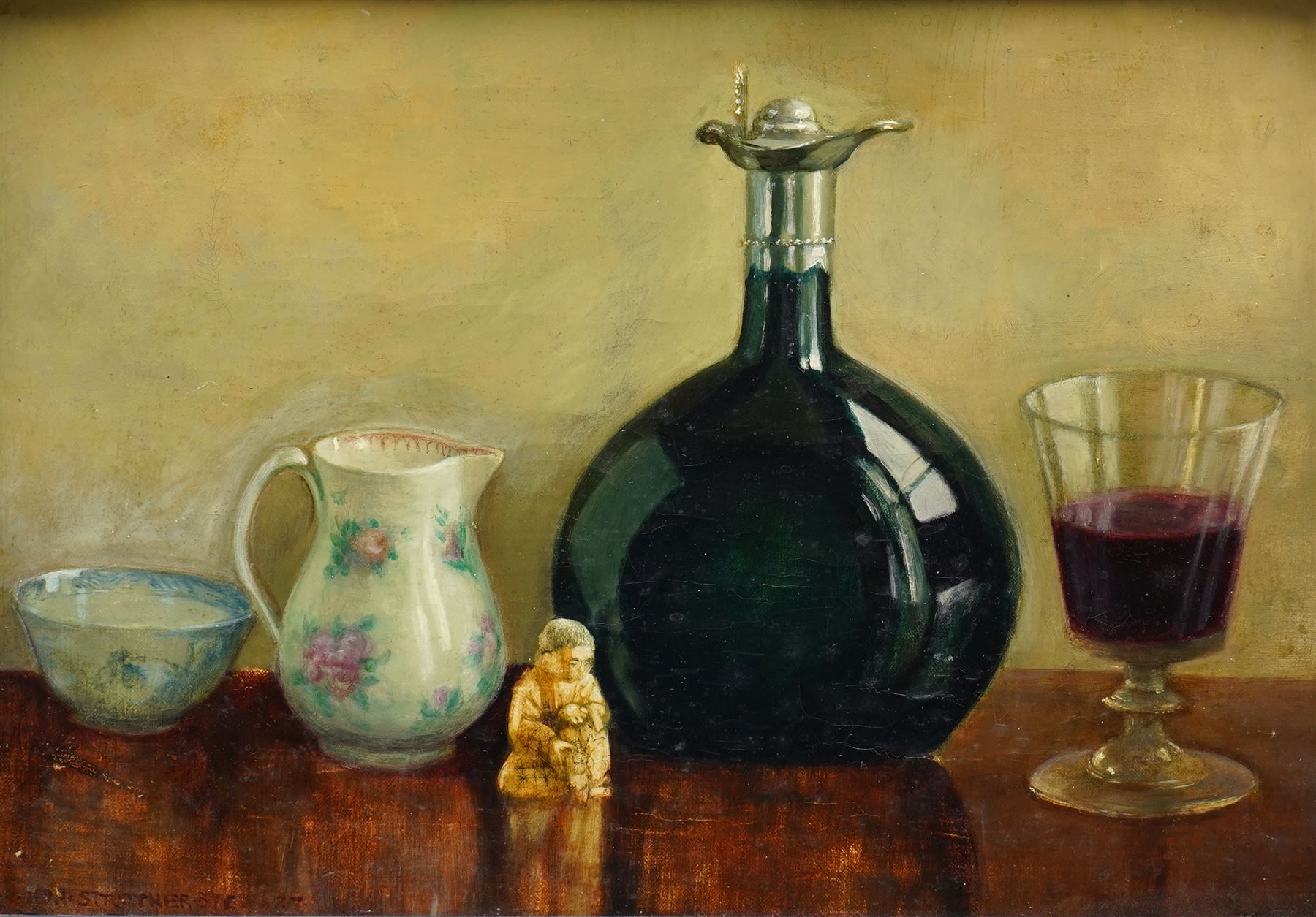 Ida Lillie Strother-Stewart (British 1890-1954): Still Life of Wine and Porcelain, oil on canvas  signed 23cm x 33cm 