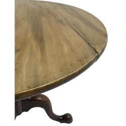 19th century mahogany pedestal table, circular tilt-top on tripod base with cabriole supports