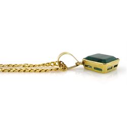 Gold single stone square cut emerald pendant, on gold curb link chain necklace set with two oval cut emeralds, both 9ct, emerald approx 12.00 carat