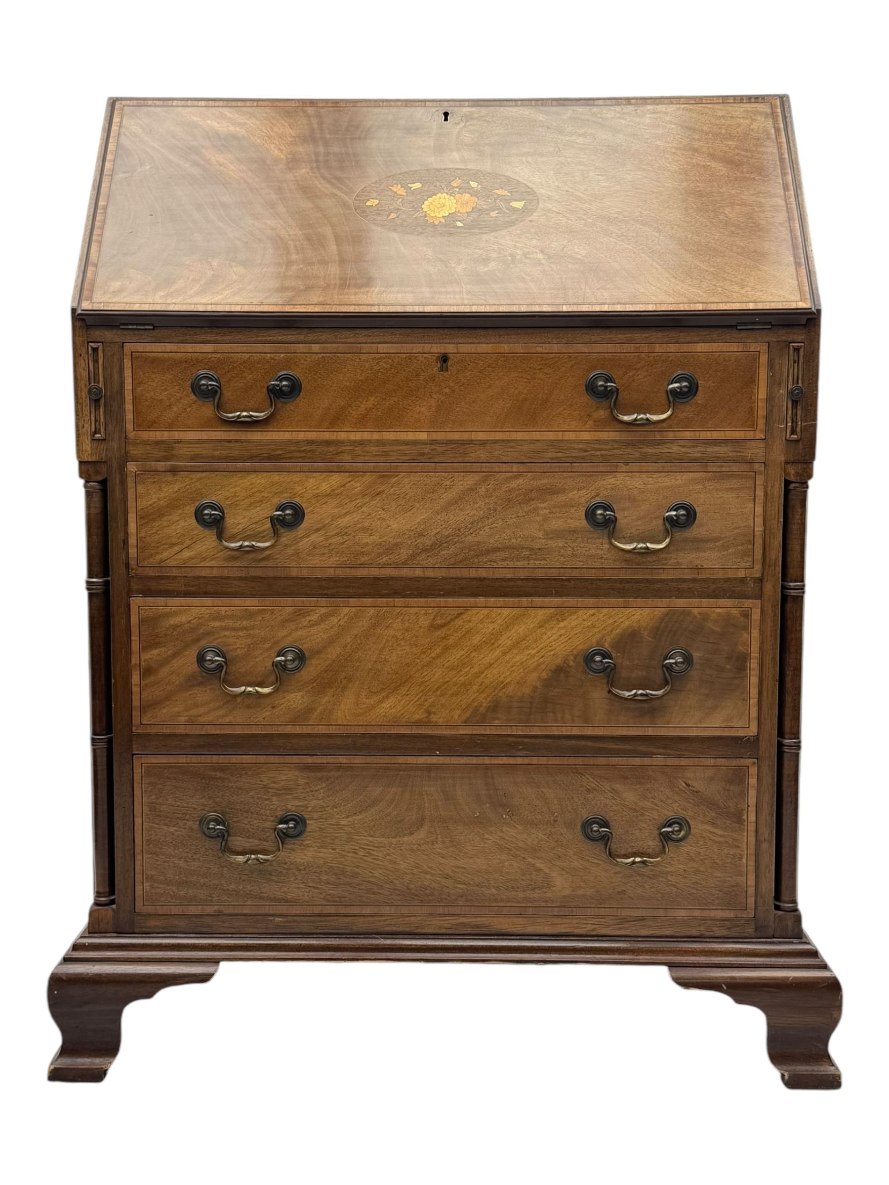 Georgian design mahogany bureau, moulded fall front with central floral inlays and satinwood band, fitted with four graduating drawers enclosed by ring turned pillars, on ogee bracket feet 