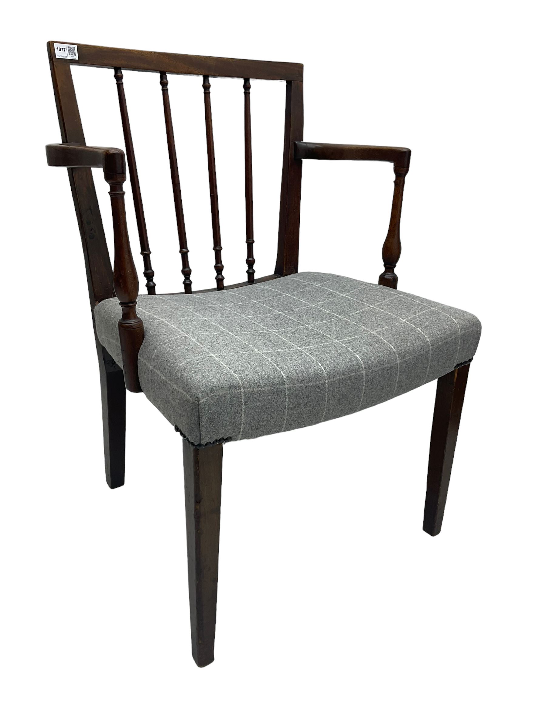 George III mahogany open elbow chair, spindle back supports, the seat upholstered in chequered grey fabric, on square tapering supports