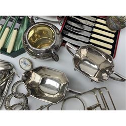 Silver plated four piece tea service, comprising teapot, coffee pot, open sucrier and milk jug, together with card case embossed with animals, flatware etc, 