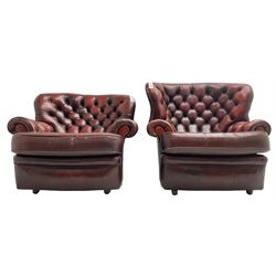 Wade - pair of Georgian design armchairs, high curved back and scrolled arms upholstered in deep buttoned oxblood 'Pegasus' leather, on castors