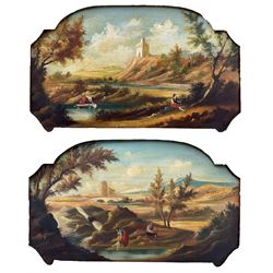 Continental School (19th century): Washerwomen in Capriccio Landscapes, pair oils on shaped panels unsigned 27cm x 46cm (2)