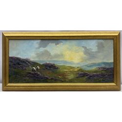 Lewis Creighton (British 1918-1996): Sheep Grazing Amongst Heather Moorland, pair oils on board signed 27cm x 64cm (2)