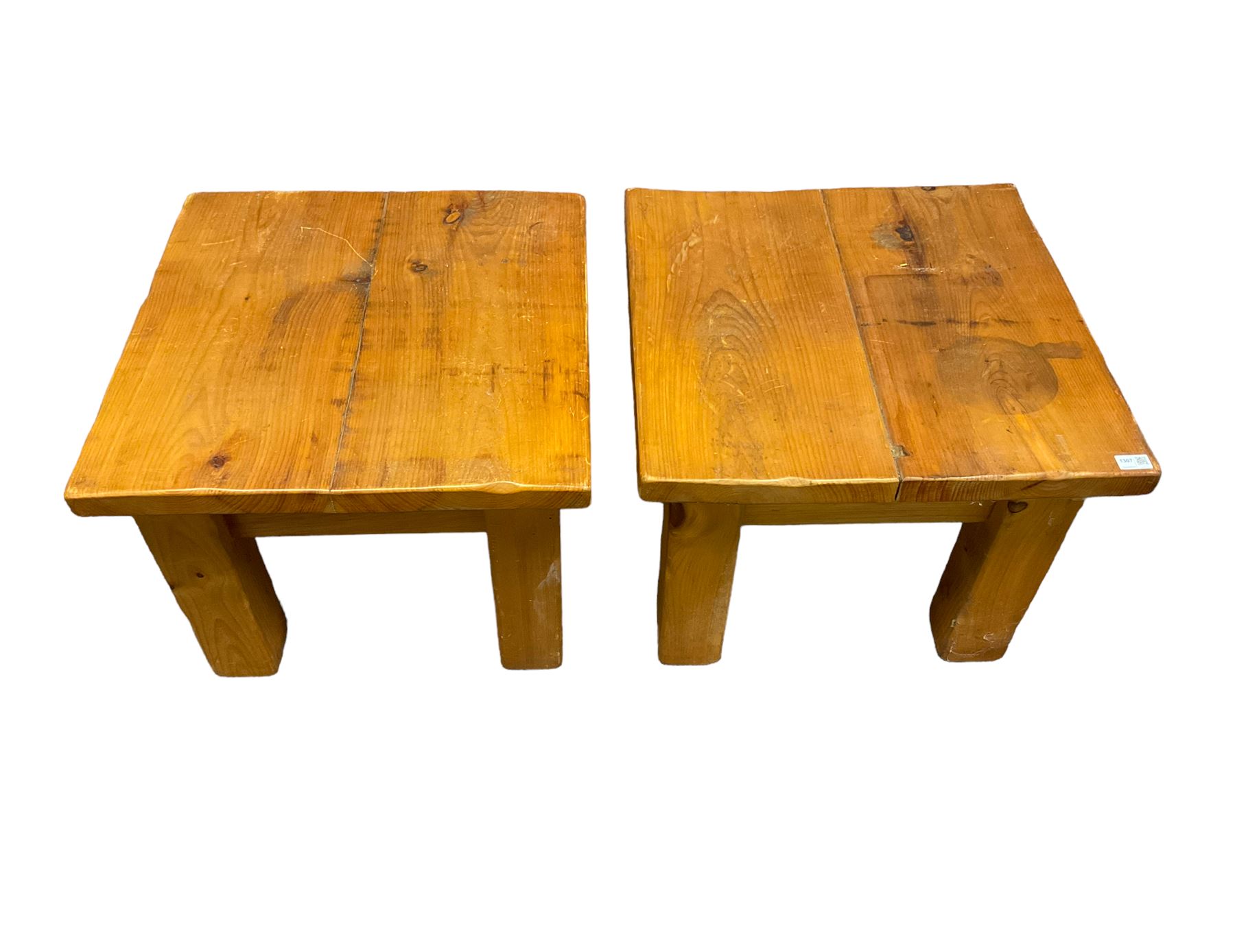 Two pine square coffee tables on block supports