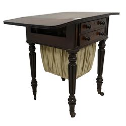 19th century mahogany drop-leaf work table, rectangular top with rounded corners, fitted with two cock-beaded drawers over pleated silk storage well, with matching opposing faux drawers, on turned and lobe moulded supports on castors