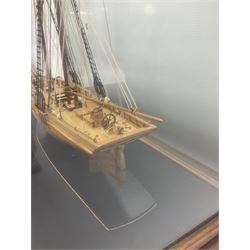 Cased scale built wooden model schooner 