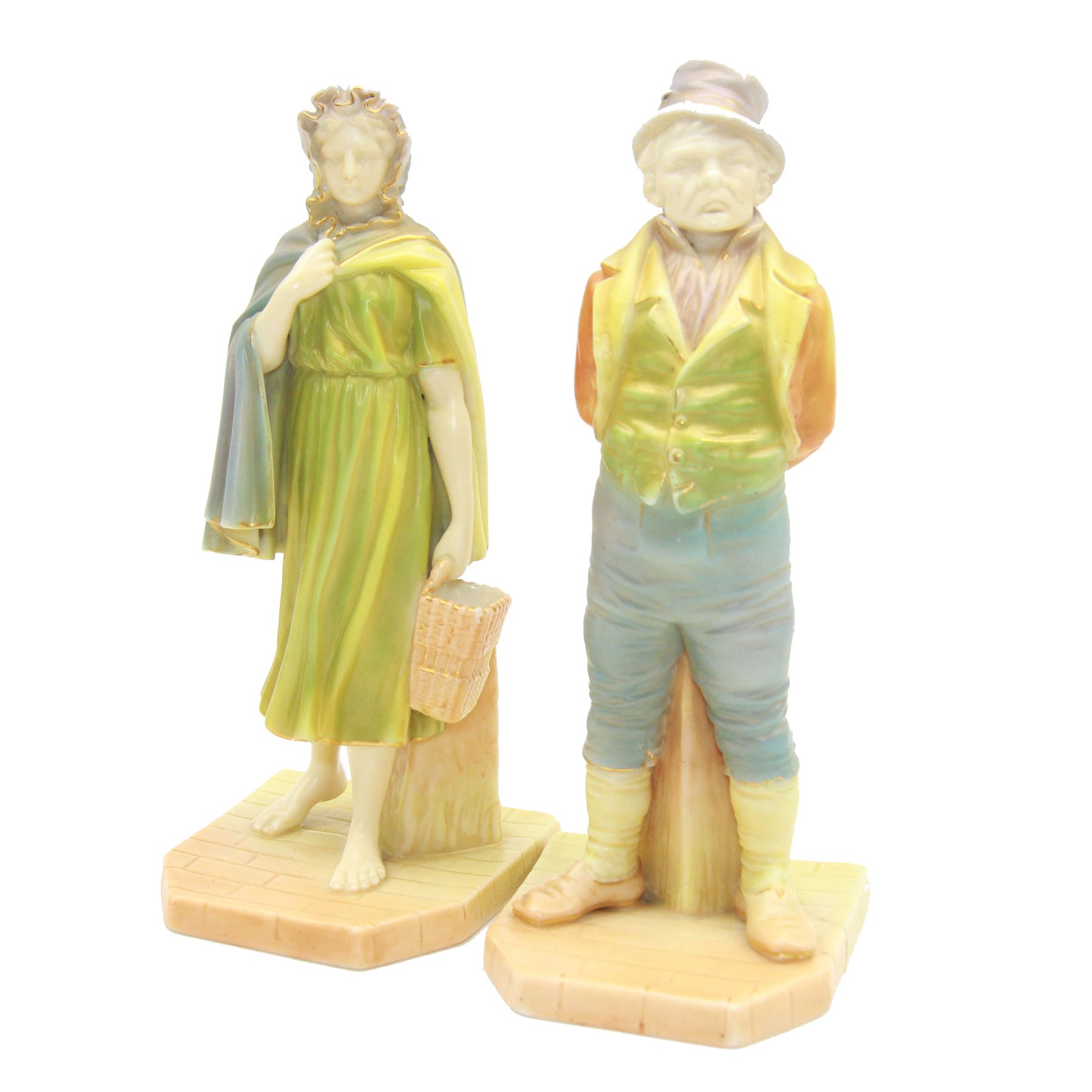 Two Royal Worcester porcelain figurines, comprising Irish Gal no. 1874 and Irish Man no. 835, decorated in shot enamels with gilt highlights, each with printed marks beneath, H17cm