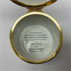 Halcyon Days bonbonniere, modelled as 'Vice-Admiral Lord Nelson', to mark the bicentenary of the British victory at the Battle of Trafalgar, together with another Halcyon Days enamel box depicting Lord Nelson, both boxed 