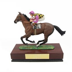 'The Hearthstead Homes Stakes York 1996 won by Mr Guy Reed's 'Give me a Ring' - Limited edition cold painted bronze by Cameron Sculptures of a racehorse with jockey up in Guy Reed's racing colours 20cm x 22cm