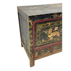 19th century Chinese Qing dynasty painted elm cupboard, Shanxi province, two double cupboards enclosed by doors painted with figure and flower heads, fitted with four small drawer, on stile supports 