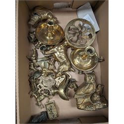 Collection of brassware, including animal figures, chamber sticks, Waterloo ashtray, FAL Bugatti Tip, door handles, door locks and other metalware