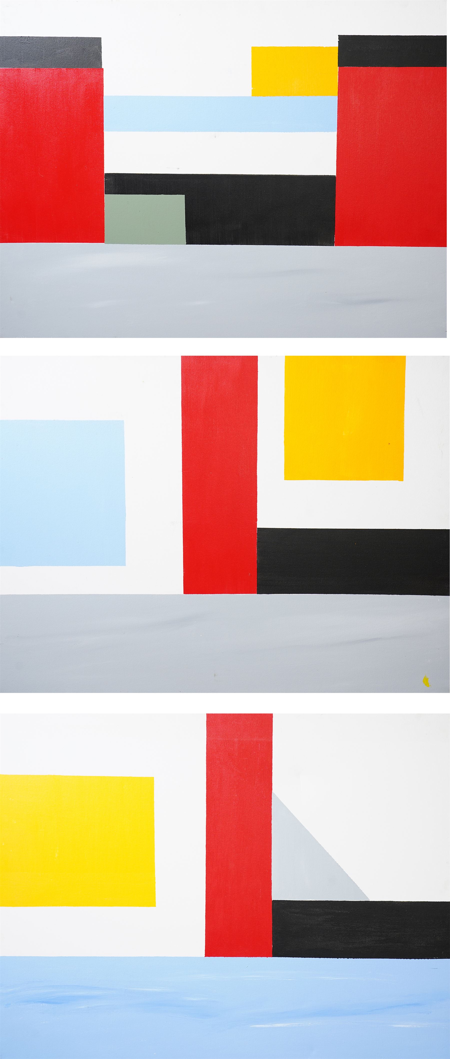 Iain Morris (British Contemporary) after Piet Mondrian (Dutch 1872-1944): Abstracts, triptych acrylics on canvas, signed and dated '15 - '17 verso 102cm x 76cm (3)