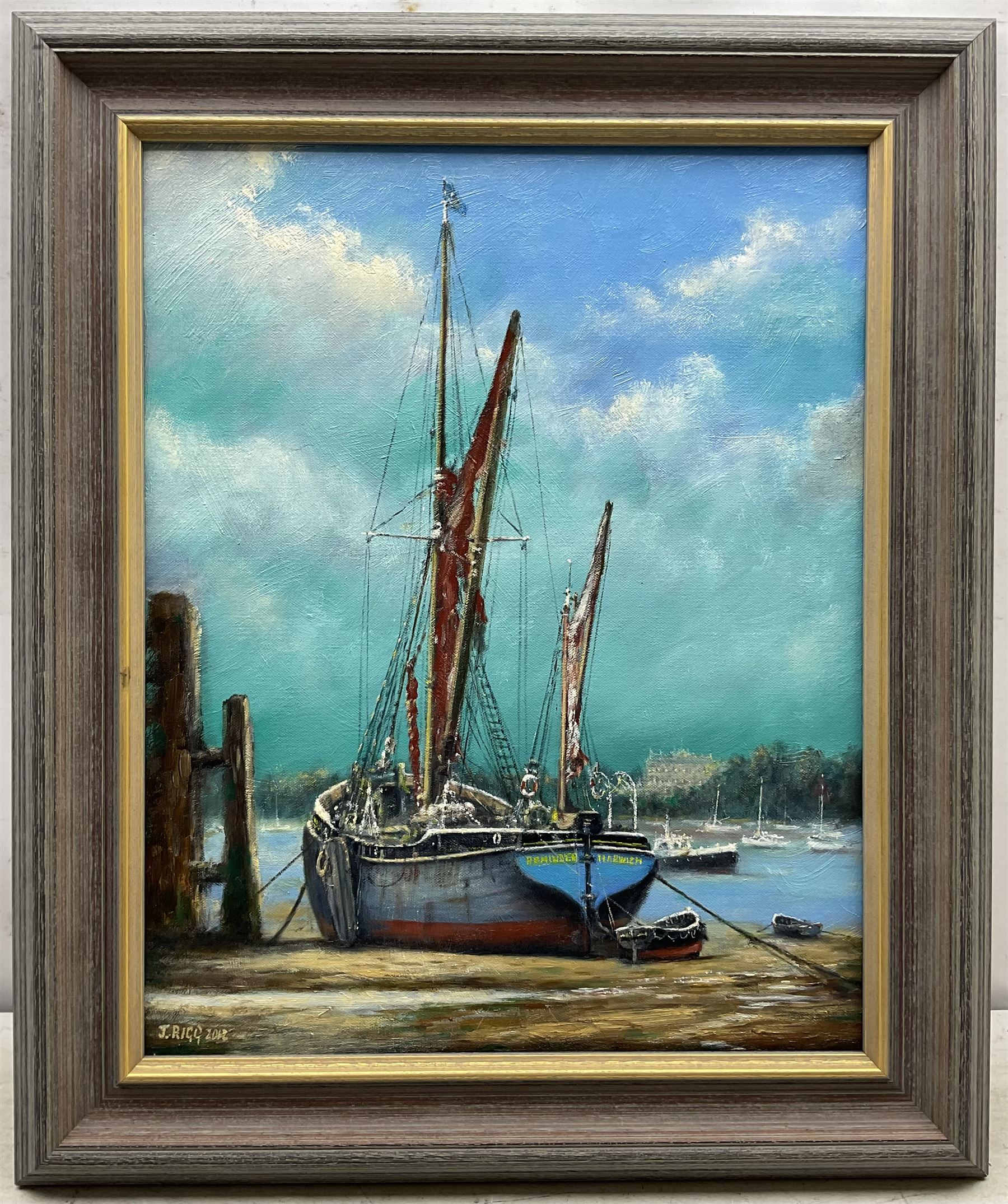 Jack Rigg (British 1927-2023): 'S.B. Reminder - Pin Mill 1980s', oil on canvas signed and dated 2012, titled verso 50cm x 40cm