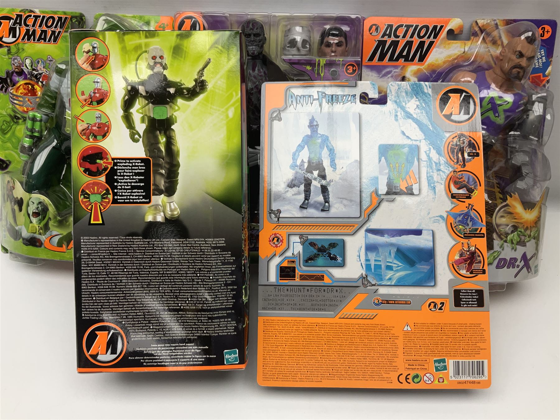 Five modern carded/boxed Action Man figures - Dr. X, Prof. Gangrene, Robot, Anti Freeze and No Face (5)