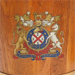 Oak and brass banded fire bucket decorated with the Royal Coat of Arms with liner and rope twist handle H30cm, together with a Dunhill 'The White Spot' faceted mahogany tobacco jar and cover (2)