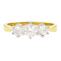 18ct gold three stone old cut diamond ring, hallmarked, total diamond weight 0.58 carat