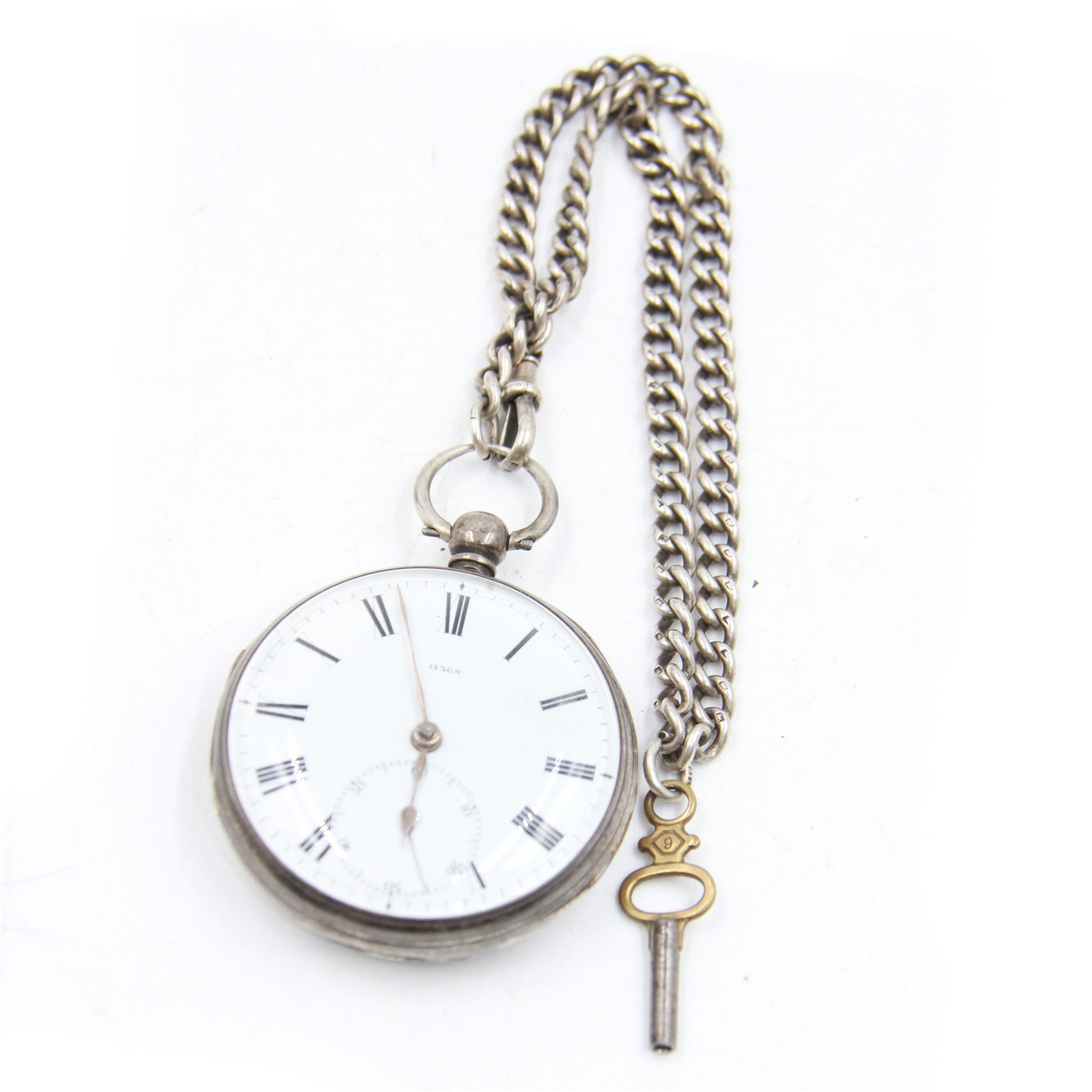 Victorian silver open faced lever pocket watch, the white dial with black Roman numerals and a subsidiary seconds dial, numbered 11368, case hallmarked Joseph Hirst, London 1925, with hallmarked silver watch chain