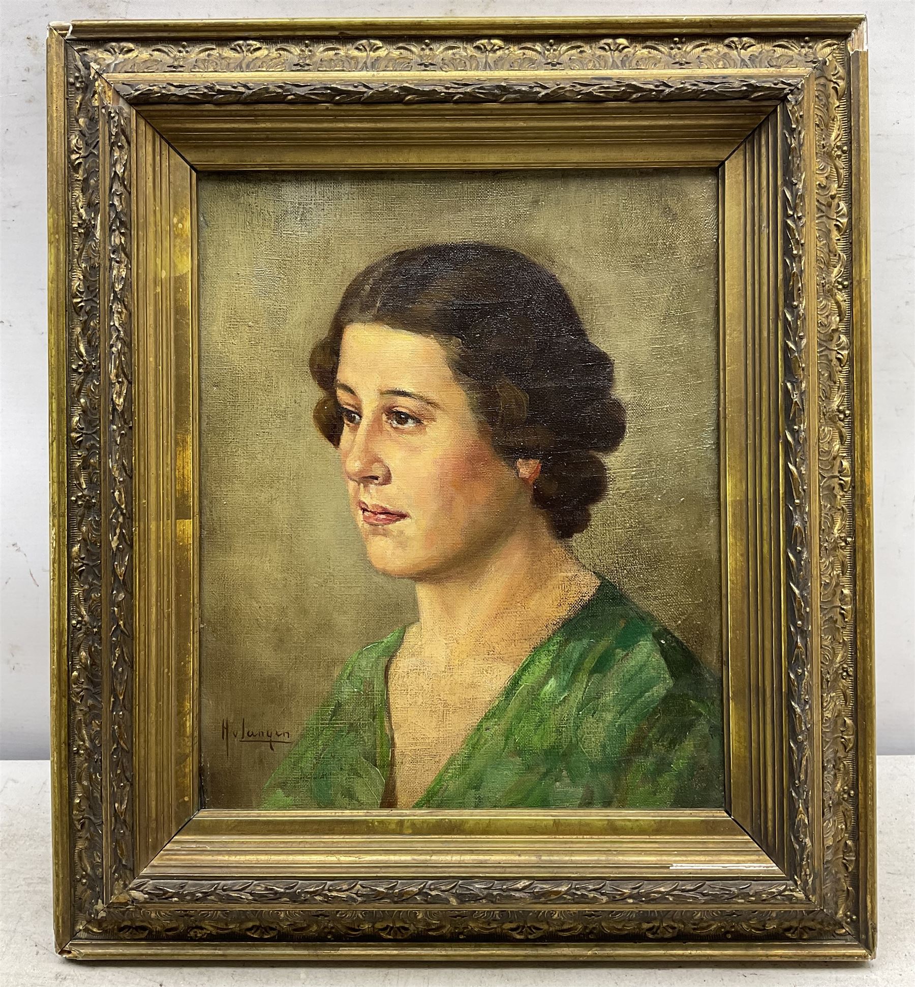 Hendrikus Johannes van den Langen (Dutch 1874-1964): Lady in Green - Bust Portrait, oil on canvas signed 29cm x 23cxm 