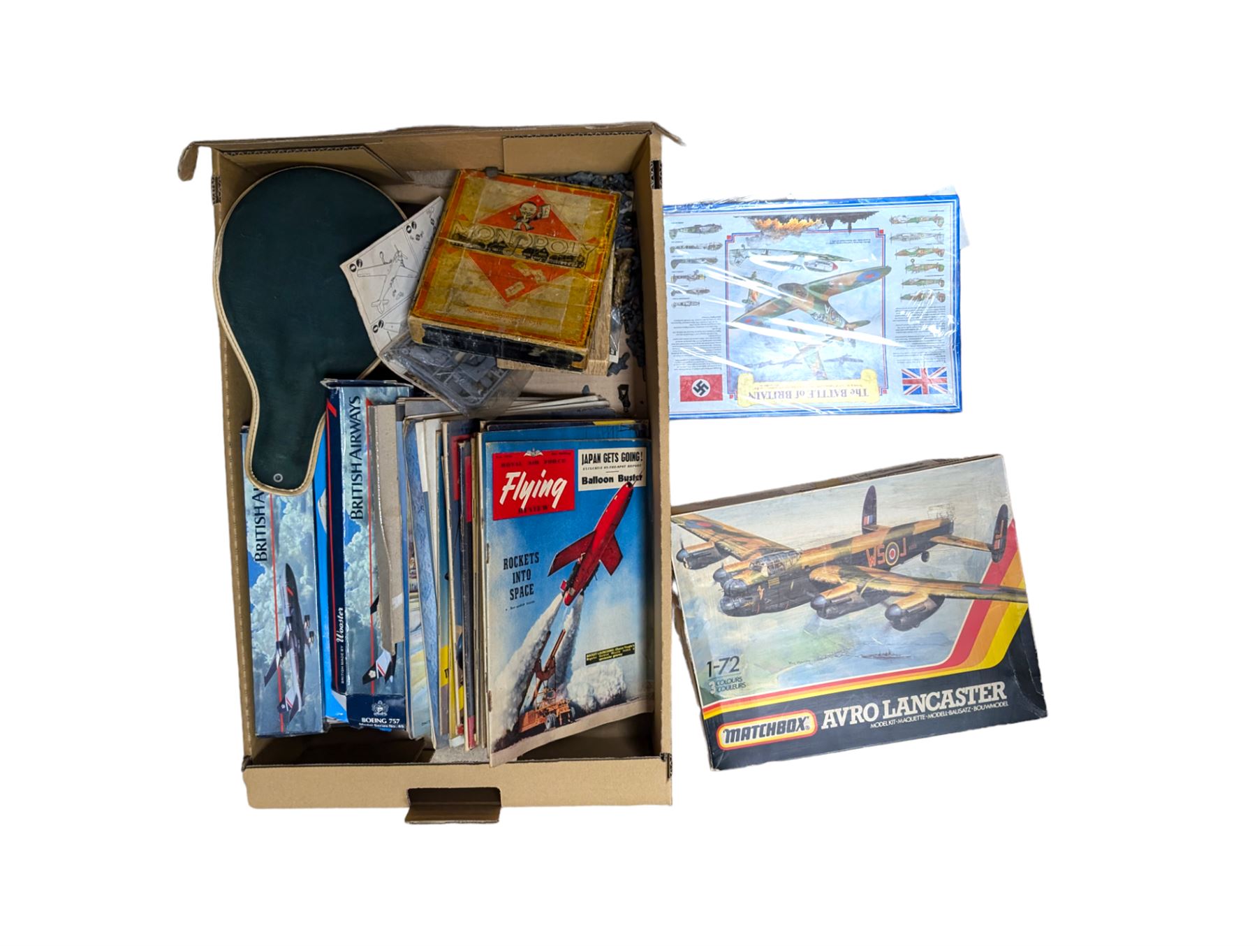 Vintage toys, including John Waddinton Monopoly, Matchbox Lancaster BMk I/III PK-602 model kit, Battle of Britain Jigsaw etc