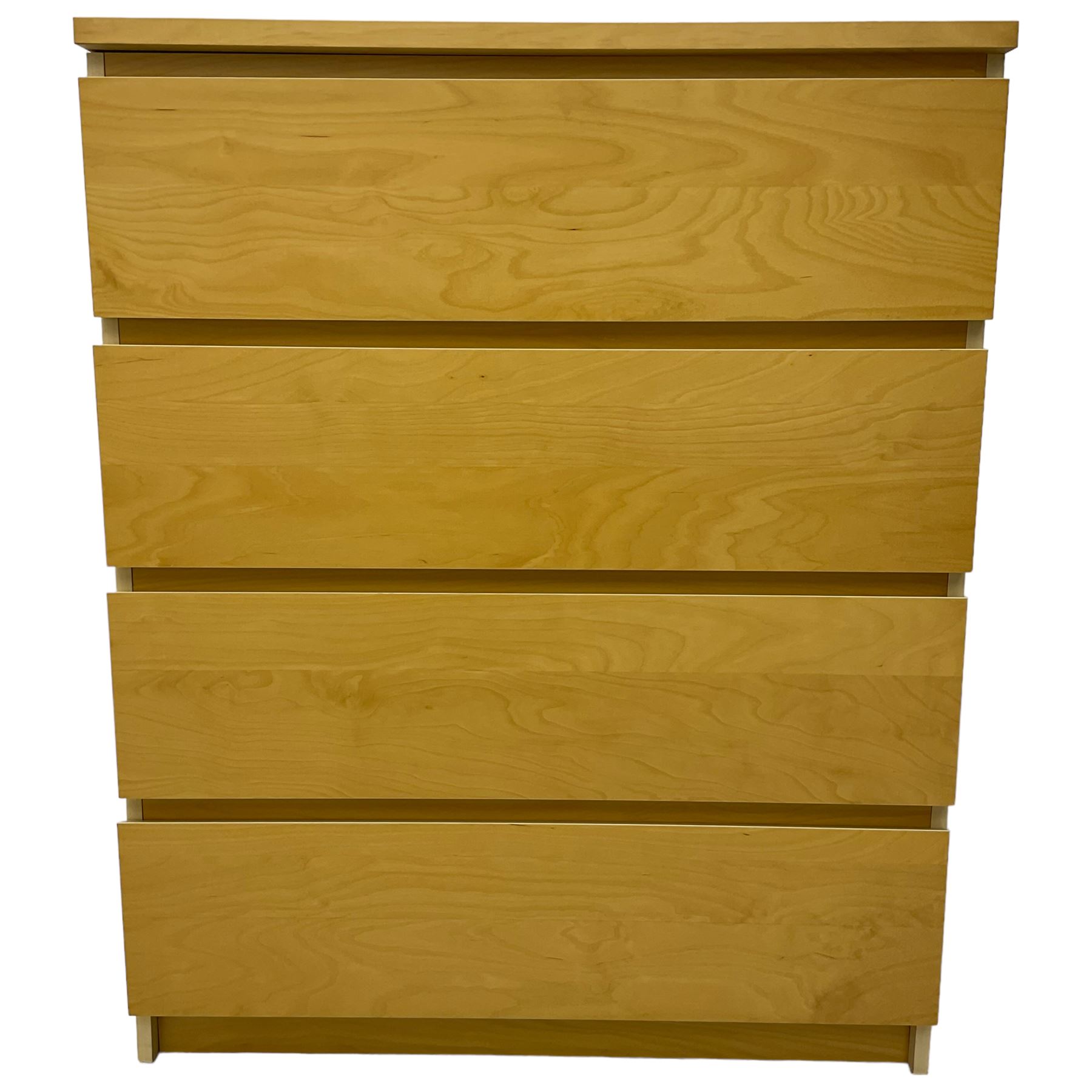 Two Ikea 'MALM' chest of drawers, white stained oak veneer, with four flush front drawers with recessed pulls