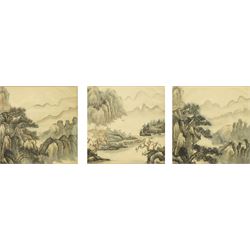 Chinese School (19th century): Mountainous Landscape with Temple and Trees, set three watercolours on silk unsigned 25cm x 25cm (3)