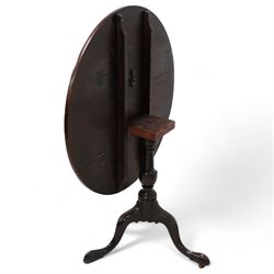 George III mahogany tripod table, circular tilt-top on turned vasiform pedestal, terminating in splayed supports