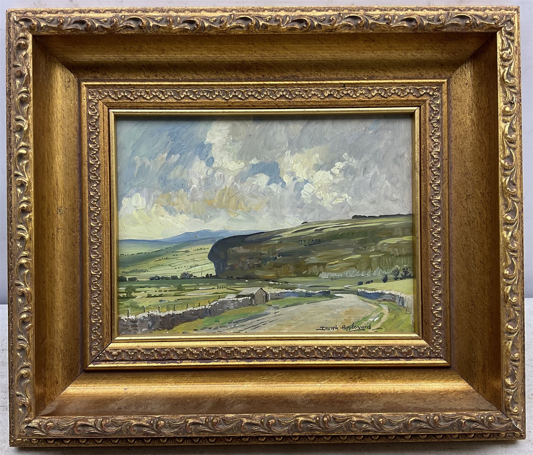 Joseph Appleyard (Yorkshire 1908-1960): 'Kilnsey Crag near Kettlewell', oil on board signed, titled verso 15cm x 20cm