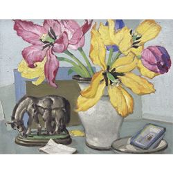 English School (Mid 20th Century): Still Life of Pink and Yellow Flowers, oil on board unsigned 29cm x 36cm 