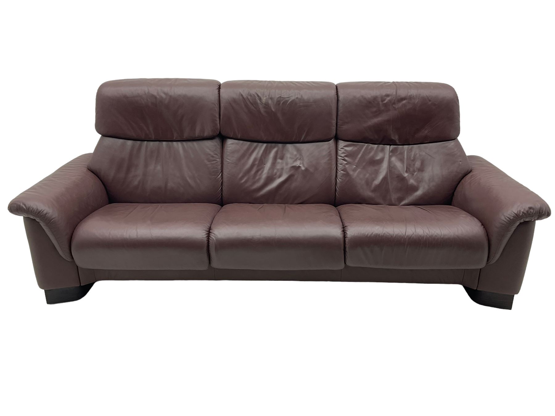 Ekornes Stressless - three-seat sofa upholstered in chocolate brown leather, with high backrests, cushioned headrests, and manual reclining mechanism (L248cm, D84cm, H102cm); with matching two-seat sofa (L184cm, D84cm, H102cm)