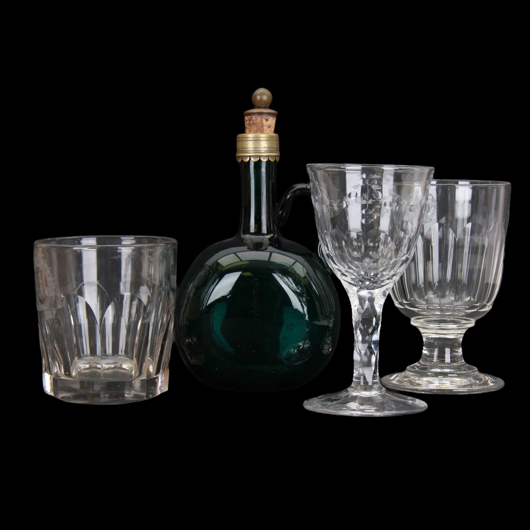 Bristol green glass flagon, together with glass rummer with slice cut flute upon a polished stepped foot, together with two other glasses 