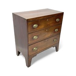 George III mahogany chest, rectangular ebony strung top, fitted with three graduating cock-beaded drawers with oval pressed brass handle plates and demi-lune handles, on tall bracket feet 