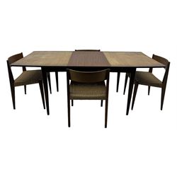 Mid 20th century Danish teak extending dining table, rectangular top with contrasting central draw leaf, on tapered supports; with four teak dining chairs with string seats