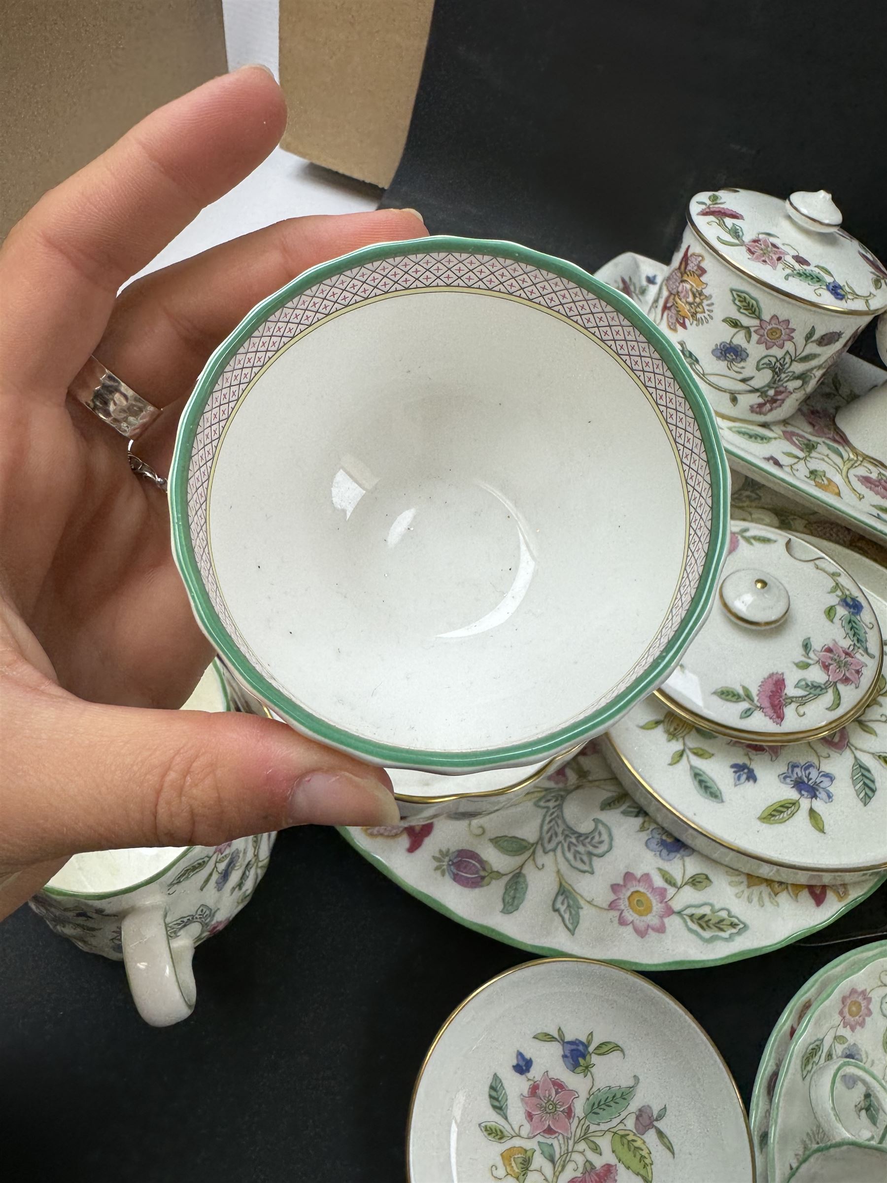 Minton Haddon Hall part tea and service, including teapot, milk jug, covered sucrier, cake stand, jardinier etc  