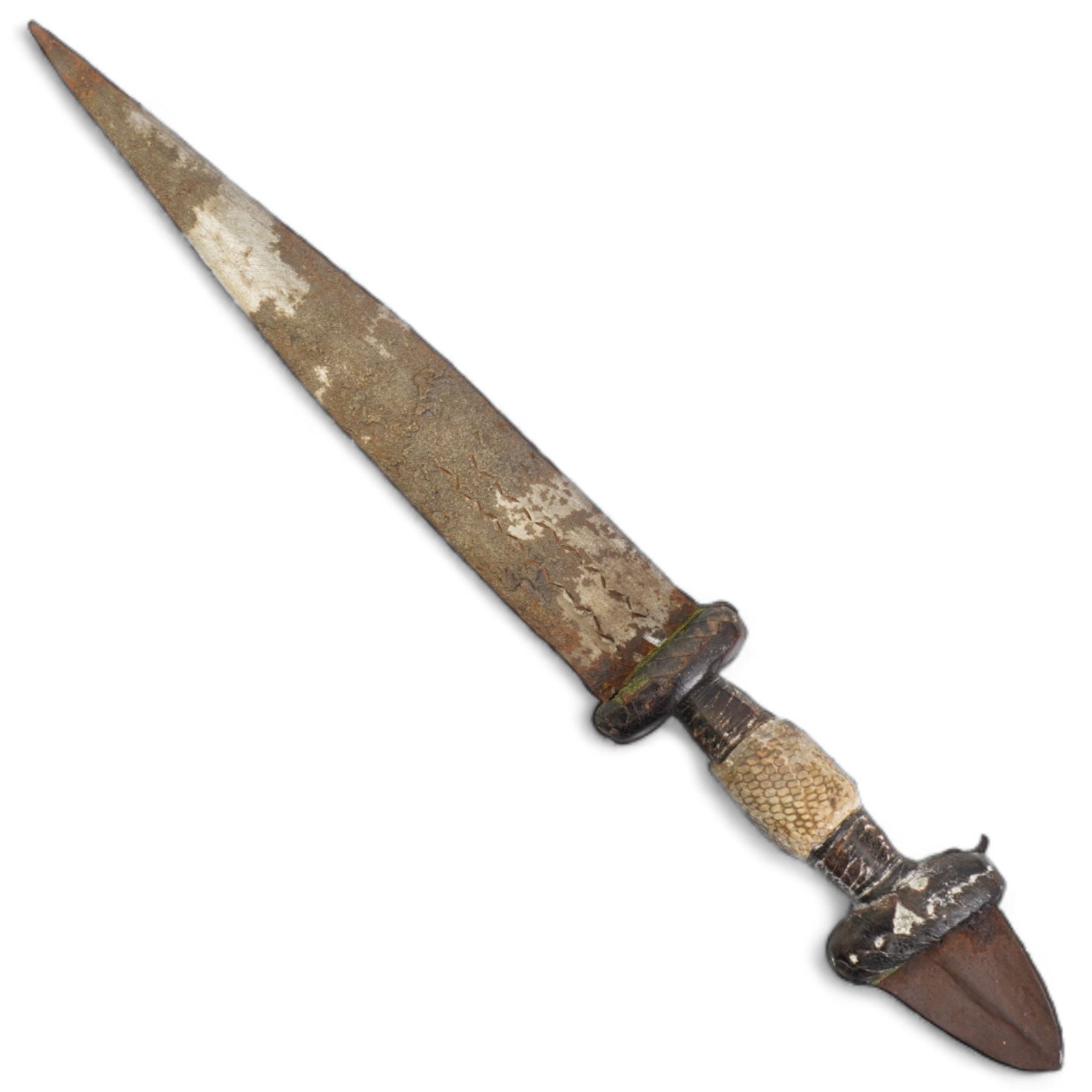 North African arm dagger with leather scabbard, blade length 19cm and a South American hunting knife, the ricasso marked 'Rio Branco', blade length 18cm (2) 