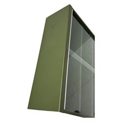 Mid-20th century 'Leabank' metal display cabinet, two sliding glass doors enclosing two adjustable metal shelves, olive green finish with chrome trim