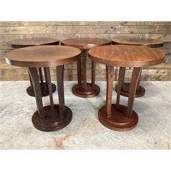 Five walnut circular bar or bedroom occasional tables