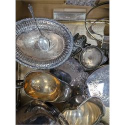 Silver spoon, hallmarked and a collection of silver plate, including tray, cut glass cruet set, Vogel ice bucket, etc