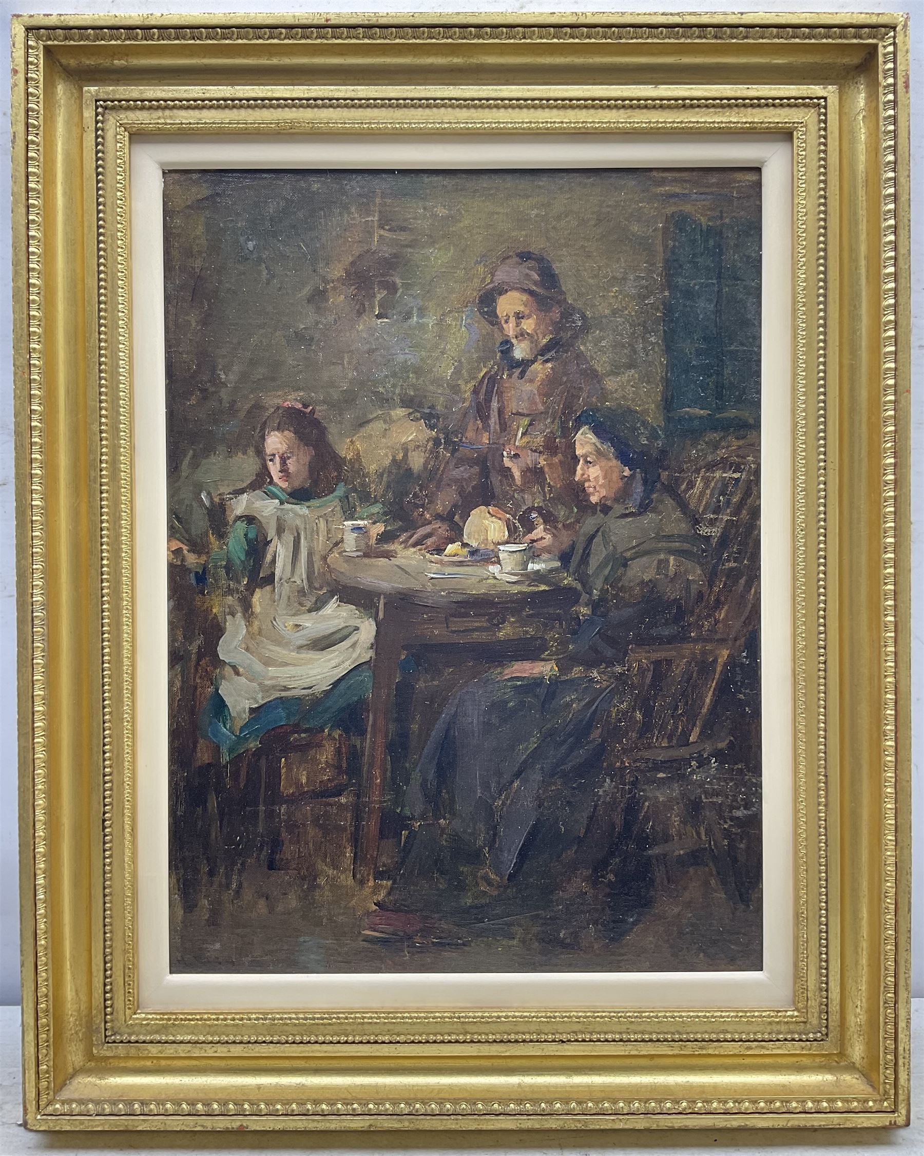 Ernest Higgins Rigg (Staithes Group 1868-1947): Tea Time, oil on canvas signed 49cm x 37cm 
Provenance: private collection, purchased Simon Wood, Brockfield Hall, York; direct from the artist's family.