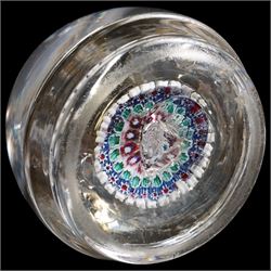 Whitefriars design glass inkwell of footed domed form with hinged lid and interior decoration of concentric circles of millefiori canes in blue, white etc H13cm