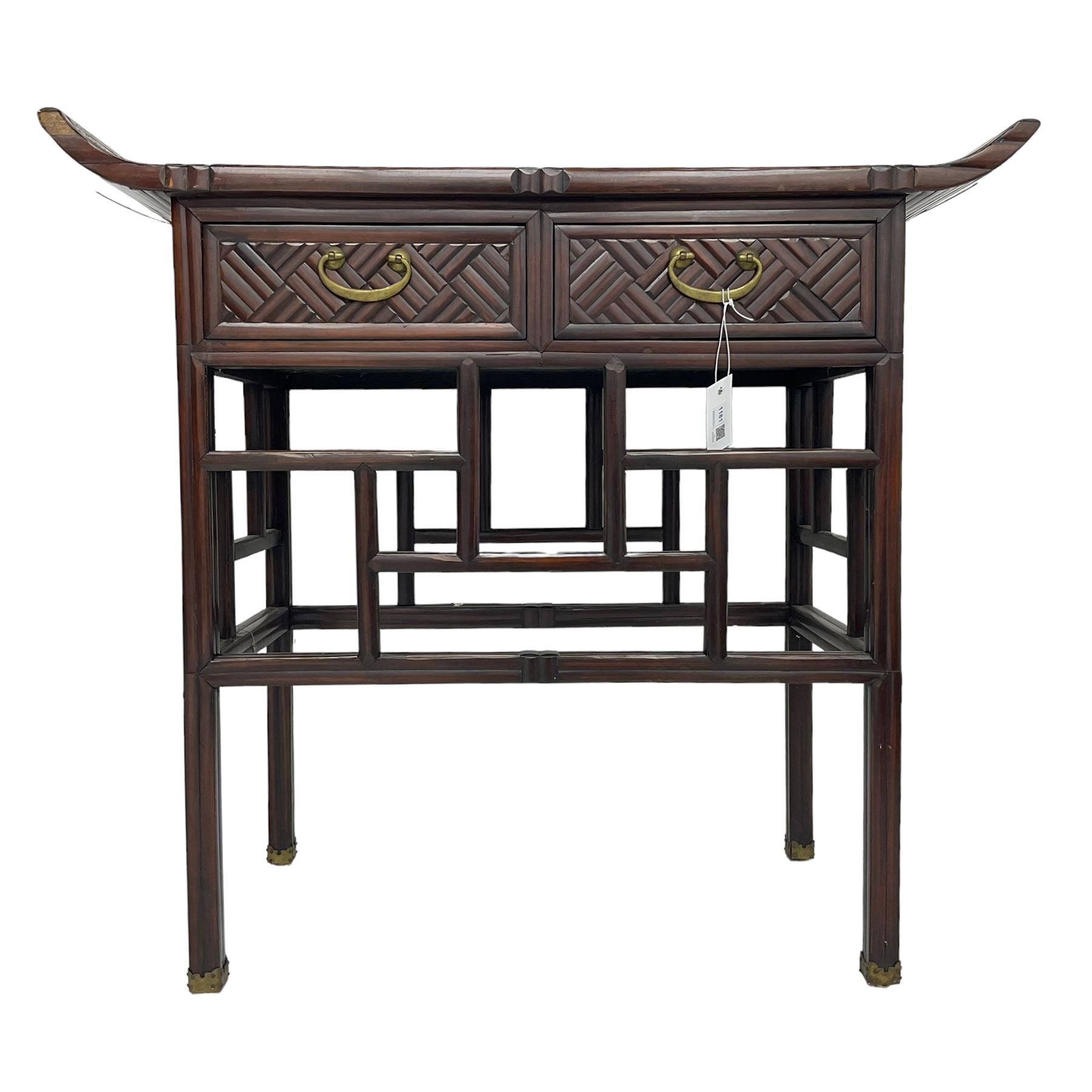 Chinese design bamboo and wood altar side table, parquetry lattice-work bamboo, fitted with two drawers over geometric rails