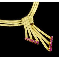 18ct gold three strand omega link chain necklace, with gradating ruby knot pendant, stamped 750