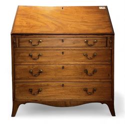 Georgian mahogany bureau, moulded fall front enclosing cupboard, small drawers, pigeonholes and inset writing surface, fitted with four long graduating cock-beaded drawers, on splayed bracket feet 