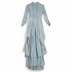 Victorian ladies button-down bodice and skirt, in blue and white striped fabric with pleat...