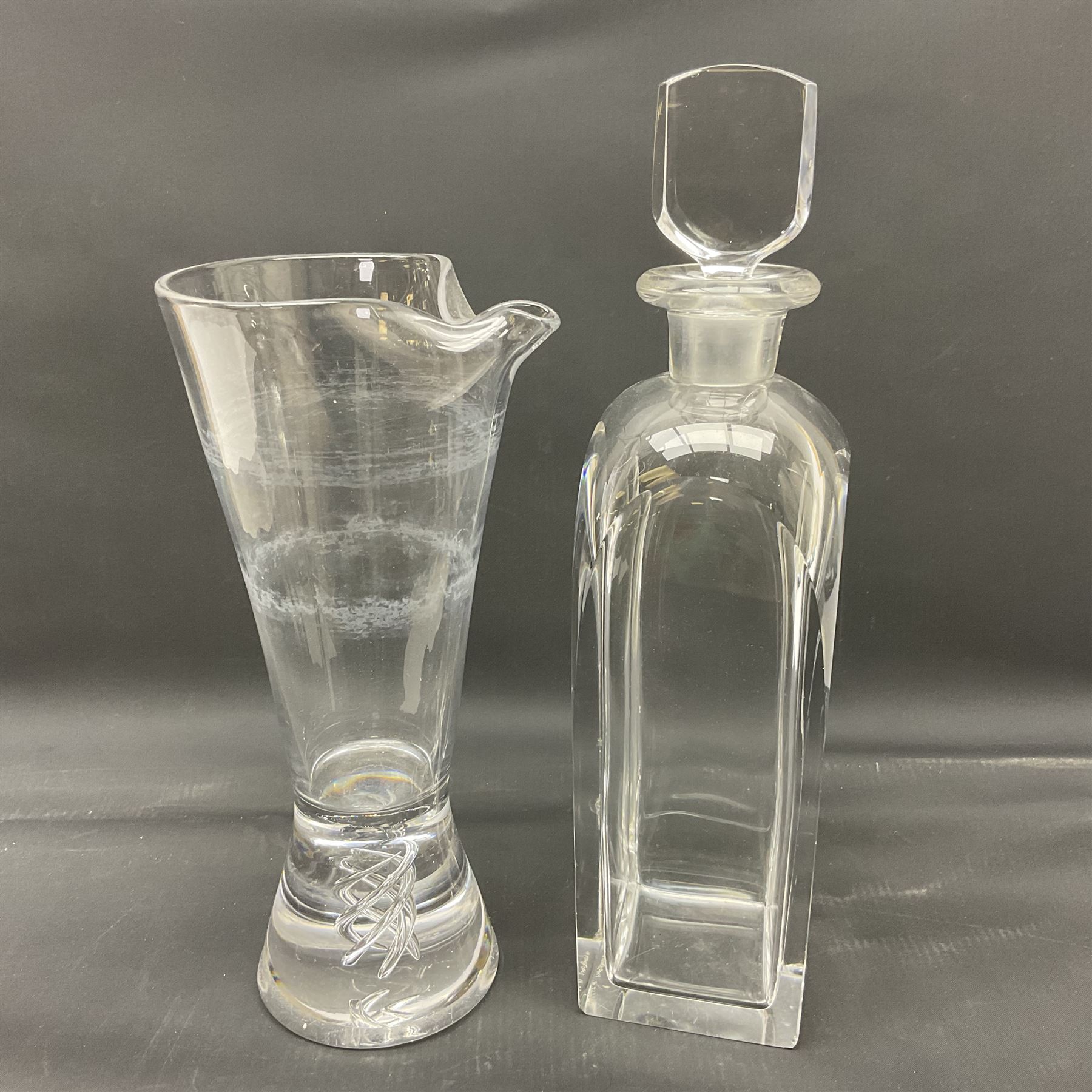 Orrefors glass decanter, singed to base, together Tudor Crystal martini pitcher with air twist, decanter H30cm 