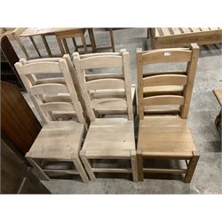 Set of six (4+2) light beech dining chairs, high ladder back over solid seat and square supports  - THIS LOT IS TO BE COLLECTED BY APPOINTMENT FROM THE OLD BUFFER DEPOT, MELBOURNE PLACE, SOWERBY, THIRSK, YO7 1QY