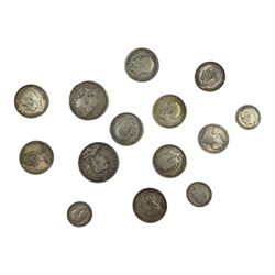 Approximately 190 grams of Great British pre 1920 silver coins, including George IIII 1821 crown with 'WP' stamp to obverse, Queen Victoria 1890 crown, King George V 1912 halfcrown etc