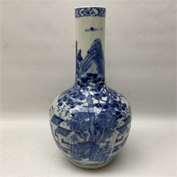 Late 18th/early 19th century Chinese blue and white bottle vase, decorated with a landscape scene containing dwellings, prunus and pine trees, boats and bridges, and populated with figures, with character mark beneath, H35cm